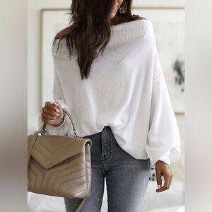 Elegant White Off-Shoulder Ribbed Balloon Sleeve  Sweater